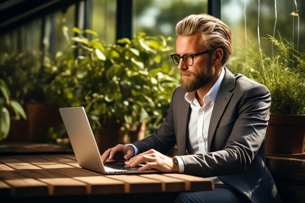 Man in suit and glasses is using laptop Generative AI