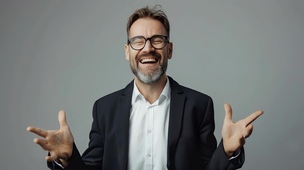 Photo a man in a suit and glasses laughs with his arms outstretched