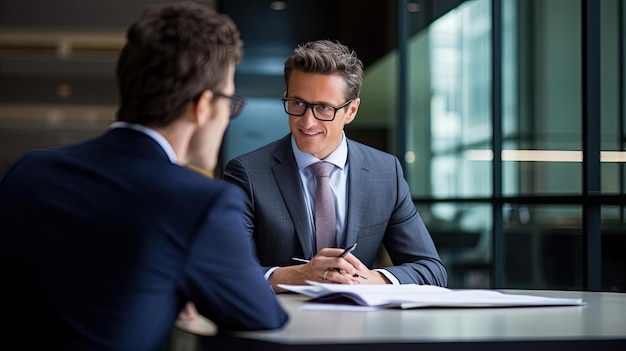 a man in a suit and glasses sits at a table with a man in a suit and glasses looking at him.