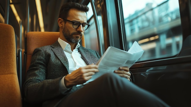 Photo a man in a suit and glasses sits on a train and reads documents