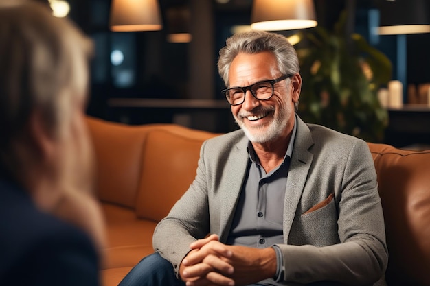 Man in suit and glasses sitting on couch Generative AI