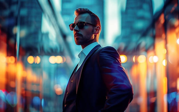 A man in a suit and glasses standing in a hallway