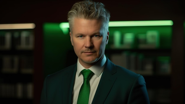 A man in a suit and a green tie stands in front of a bookcase.