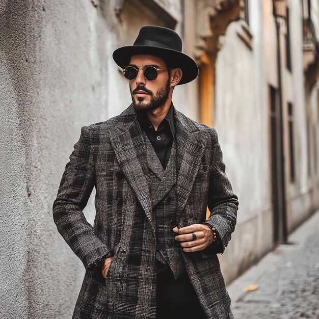 Photo a man in a suit and hat is walking down a street