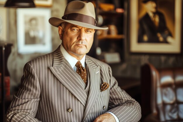 A Man in a Suit and Hat Sitting in a Chair