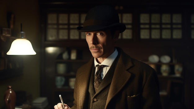 A man in a suit and hat stands in front of a desk with a pen in his hand.