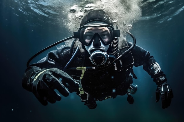 A man in a suit and a helmet is diving under water.