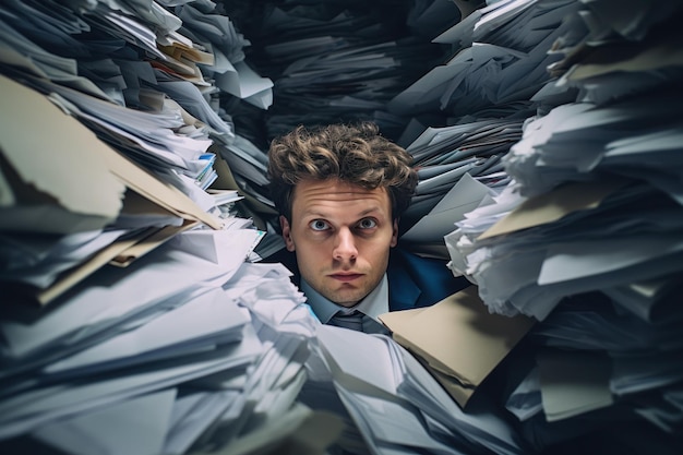 Man in Suit Hiding in Papers