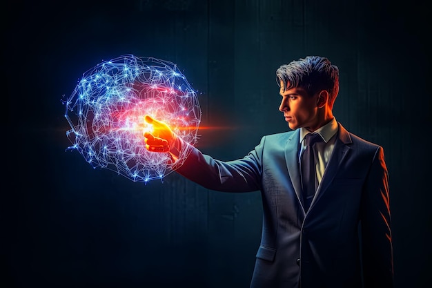 A man in a suit holding a brain in his hand