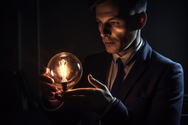 Man in suit holding glowing light bulb Generative AI