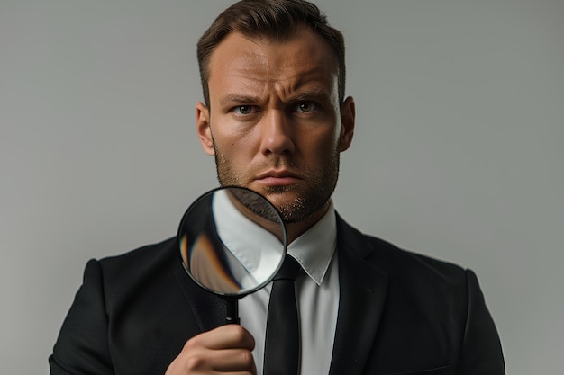 A man in a suit holding a magnifying glass