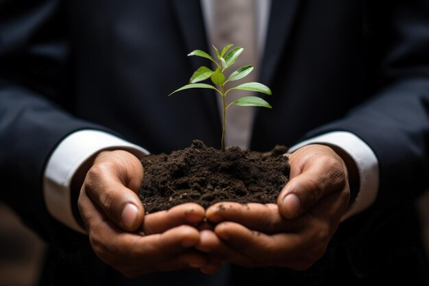 A man in a suit holding a plant in his hands