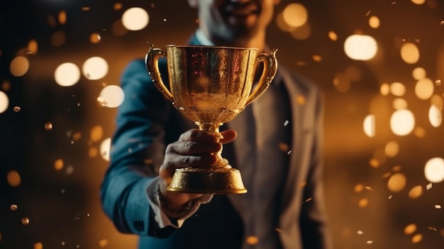 A man in a suit holding a trophy in front of a background of bokeh generative ai