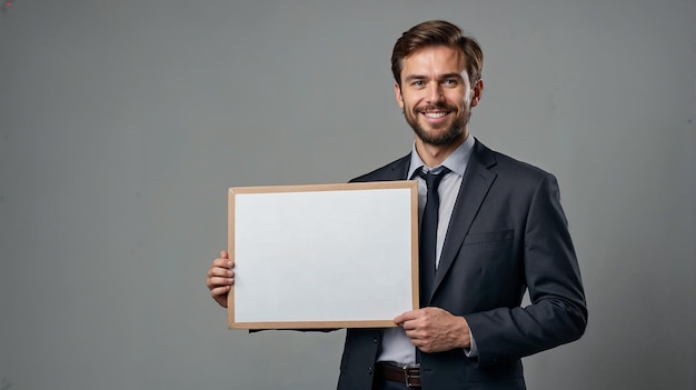 A man in a suit holding a white board with nothing written on it