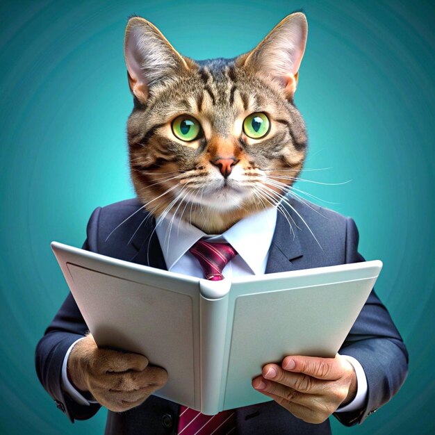 Photo a man in a suit holds a book with a cat on it