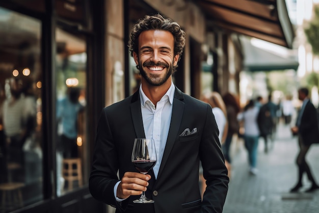 A man in a suit holds a glass of wine in front of a restaurant.