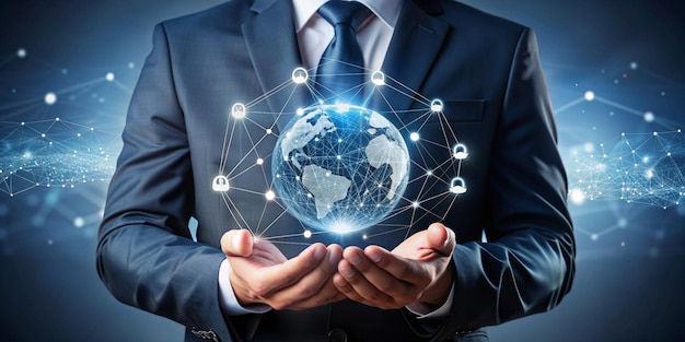 a man in a suit holds a globe with the world on it