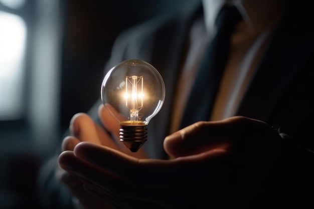 A man in a suit holds a light bulb in his hand Generative AI