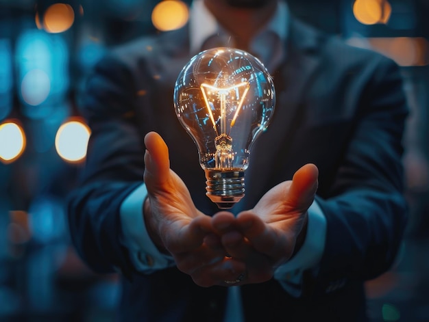 A man in a suit holds a light bulb ready for innovative ideas