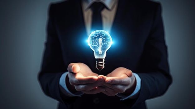 A man in a suit holds a light bulb with a brain on it.