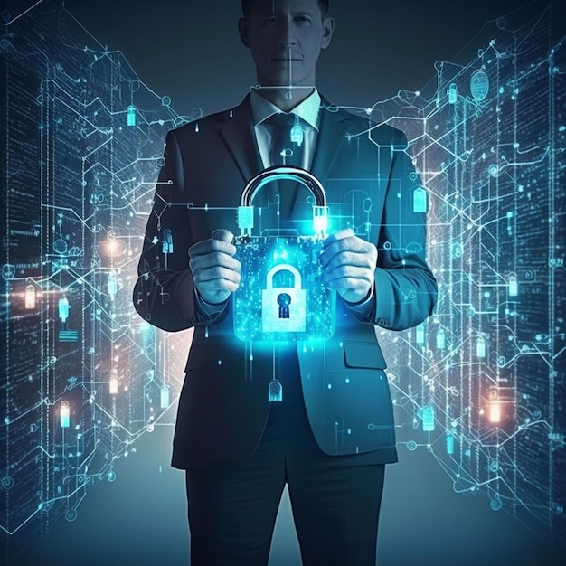 A man in a suit holds a padlock in front of a blue background.