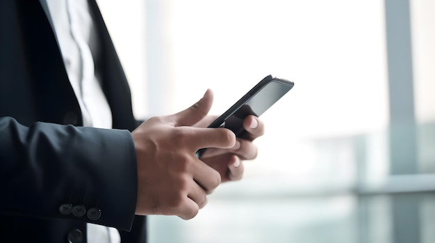 A man in a suit holds a phone in his hand.