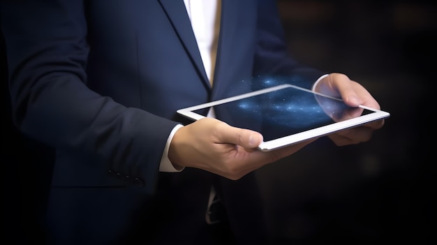 A man in a suit holds a tablet with a blue light in the center.