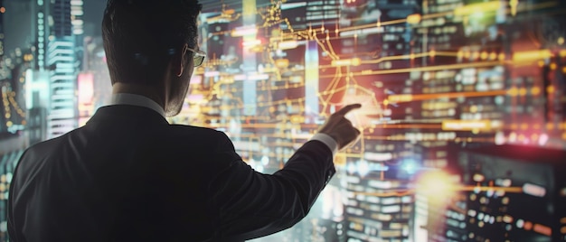 A man in a suit interacts with a futuristic digital interface displaying a cityscape full of illuminated data points and networks