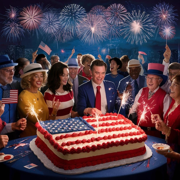 a man in a suit is cutting a cake with a flag on it