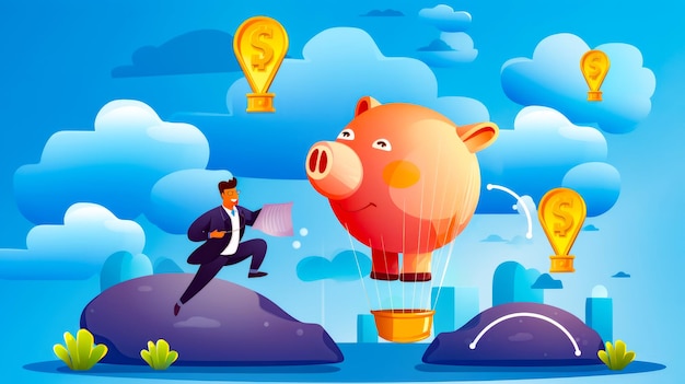 Man in suit is flying piggy bank in hot air balloon Generative AI