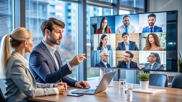 Photo a man in a suit is giving a presentation in front of a large group of people