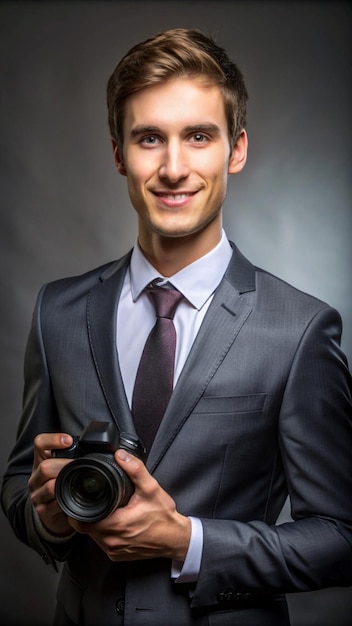 Photo a man in a suit is holding a camera and smiling