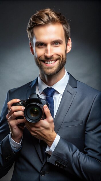 Photo a man in a suit is holding a camera and smiling