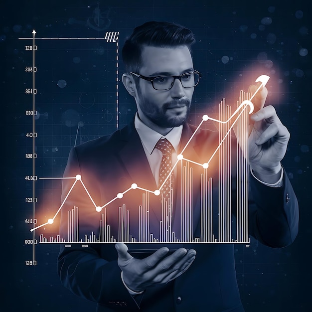 a man in a suit is holding a graph that says financial data