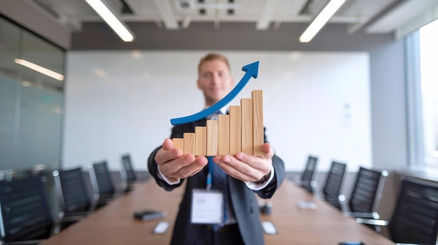 Photo a man in a suit is holding a graph that says financial graph