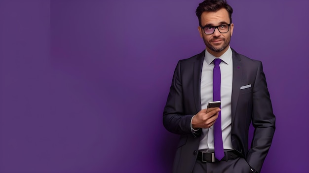 a man in a suit is holding a phone in front of a purple background