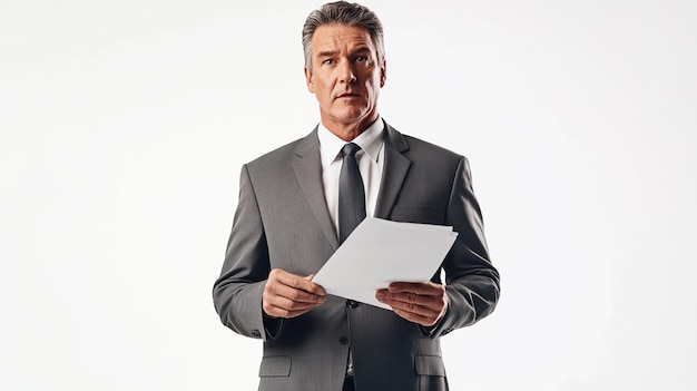 Photo a man in a suit is holding a piece of paper