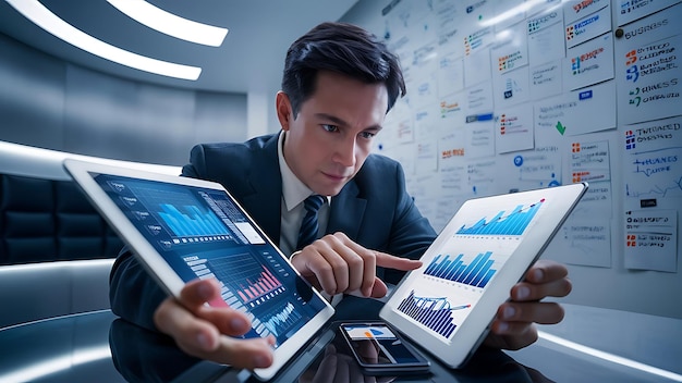 a man in a suit is holding two tablets with the words graph on them