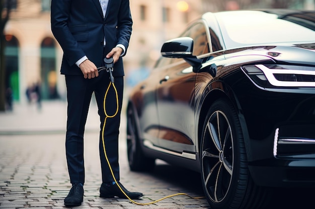 A man in a suit is holding a yellow wire to a black car.