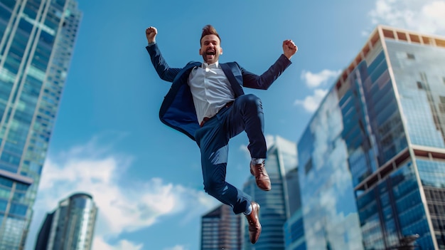 a man in a suit is jumping in the air with his hands in the air