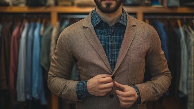 a man in a suit is looking at his jacket