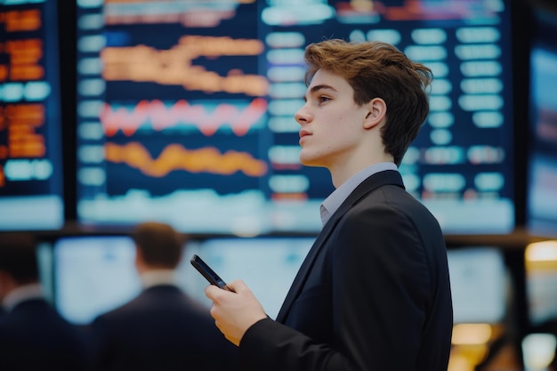 Photo a man in a suit is looking at his phone