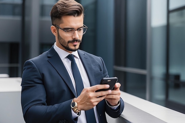 a man in a suit is looking at his phone