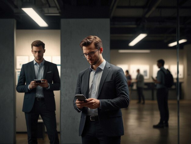 Photo a man in a suit is looking at his phone