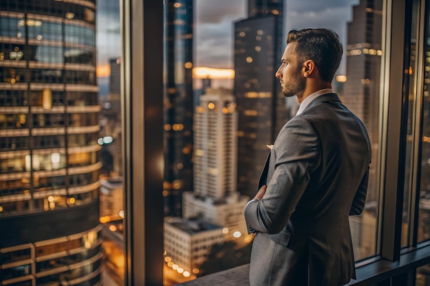 A man in a suit is looking out of a window at the city