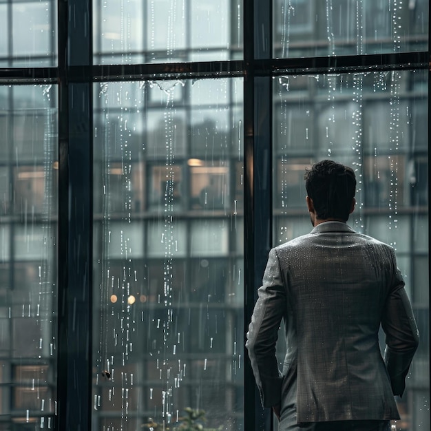 A man in a suit is looking out a window at the rain