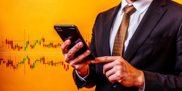 A man in a suit is looking at a phone with a finger on it