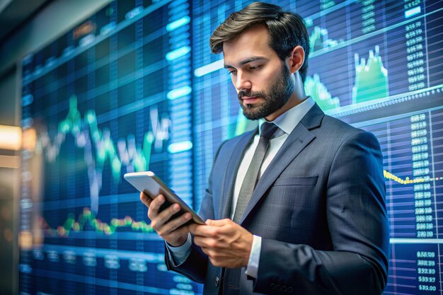 A man in a suit is looking at a tablet while standing in front of a wall of fina