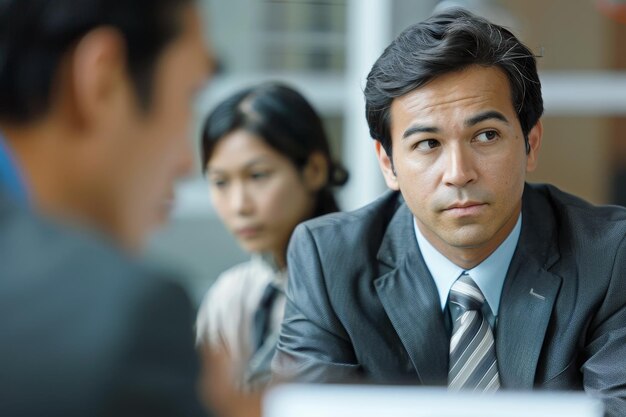 A man in a suit is looking at two other people