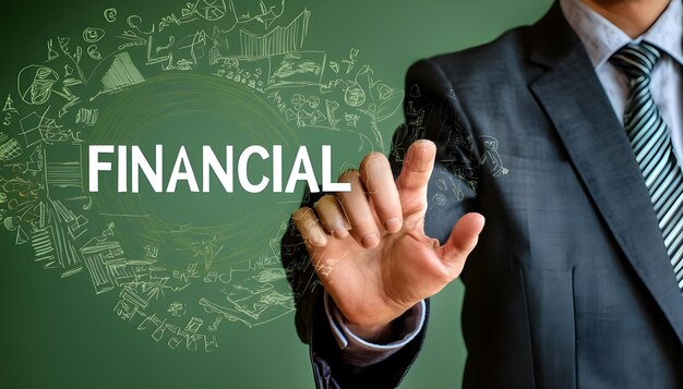 Photo a man in a suit is making a gesture with the word financial on the green background